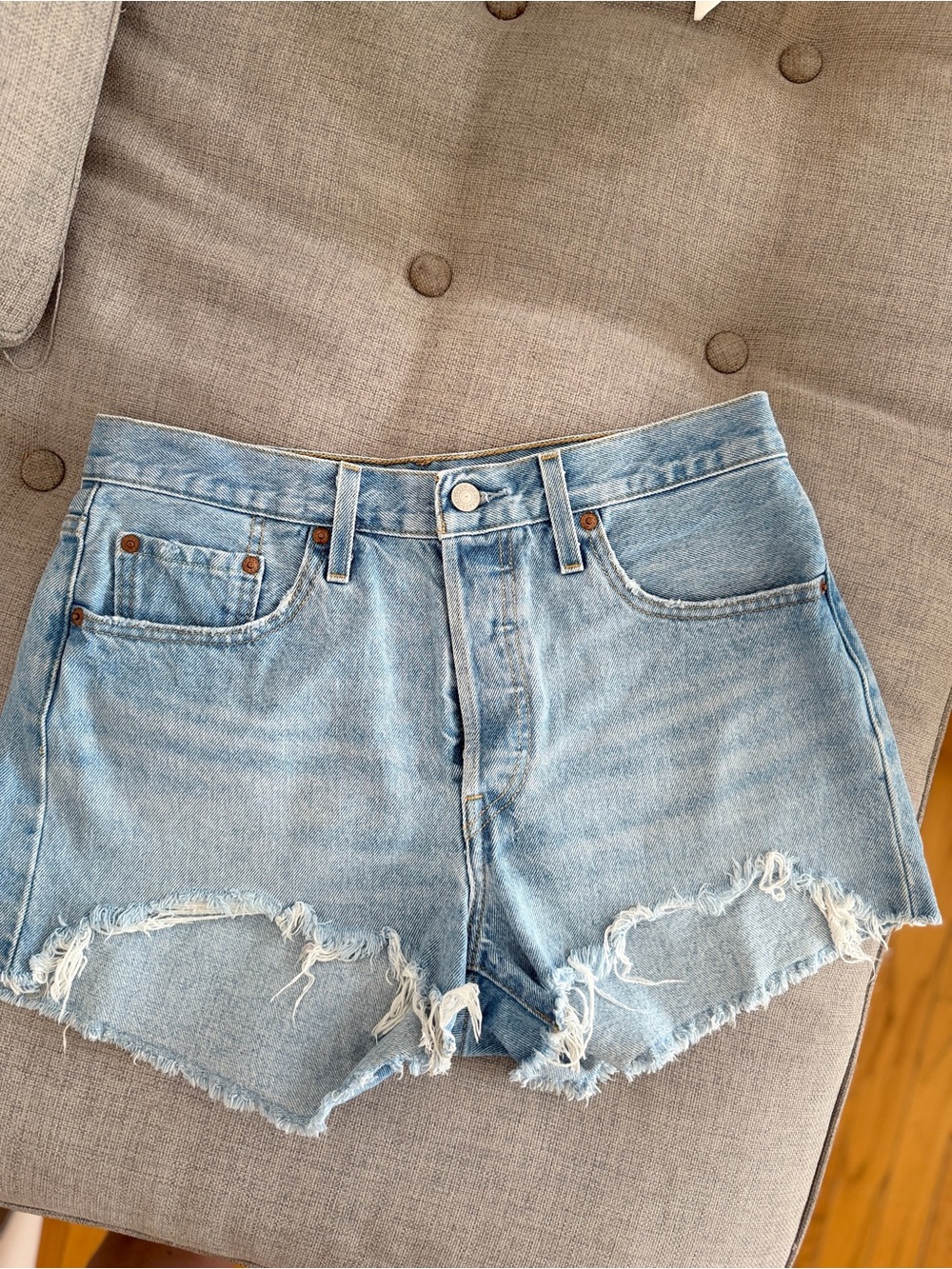 Levi's 501 Distressed Cut-Off Denim Shorts, Blue, High-Rise, Women's Size 29